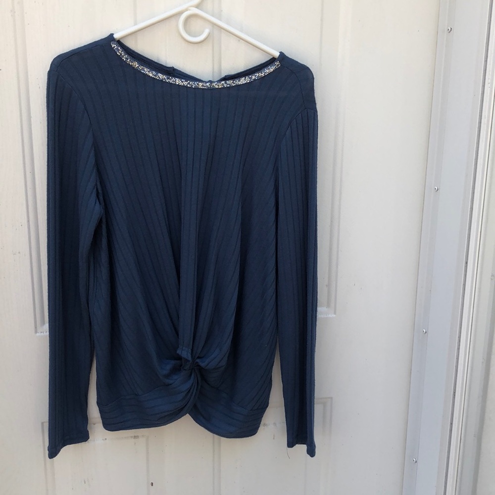 Juicy Couture Ribbed Twist Front Waist w/Bling Collar Top Long Sleeve S…